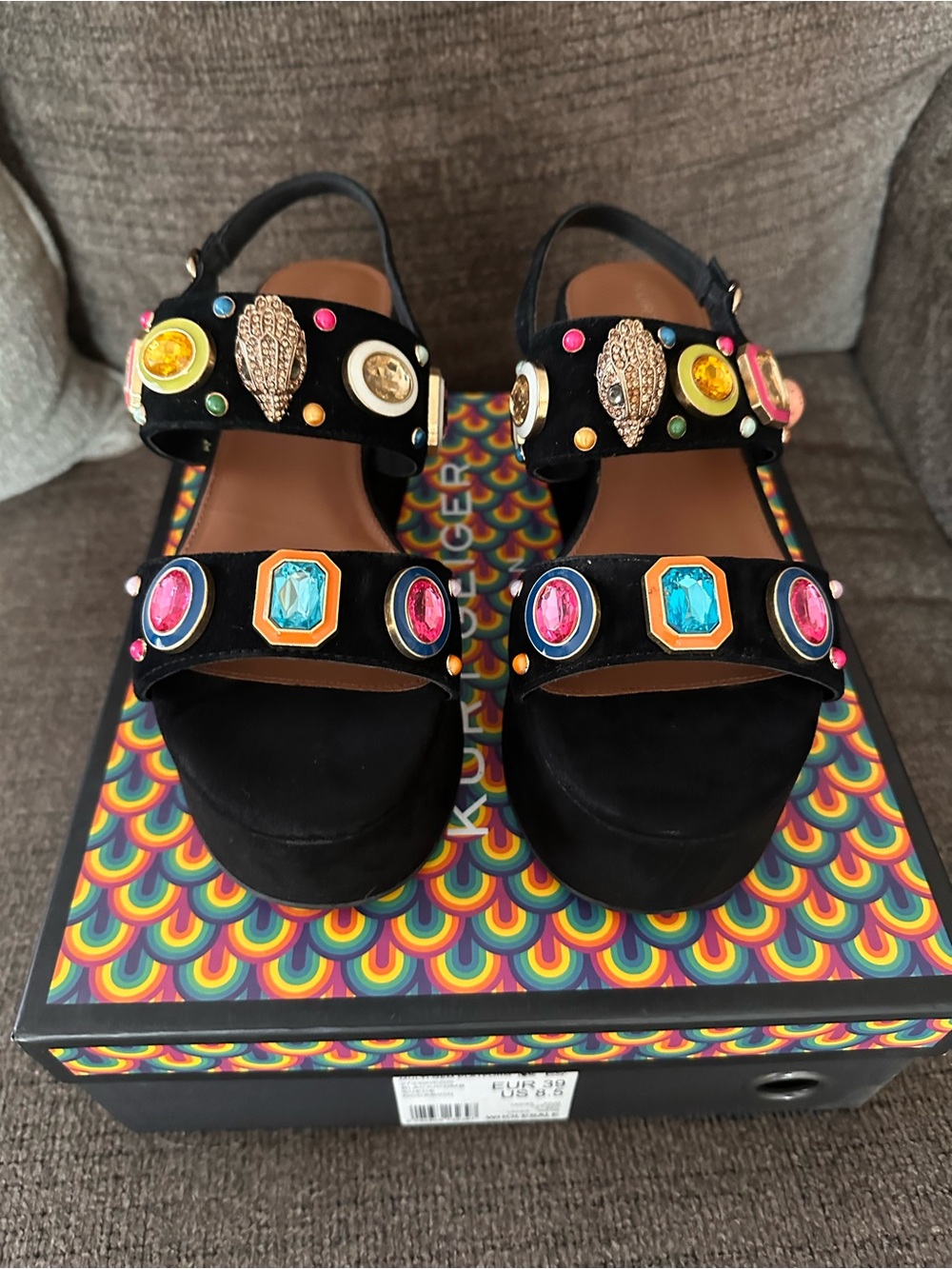Kurt Geiger Black Velvet Jeweled Platform Sandals